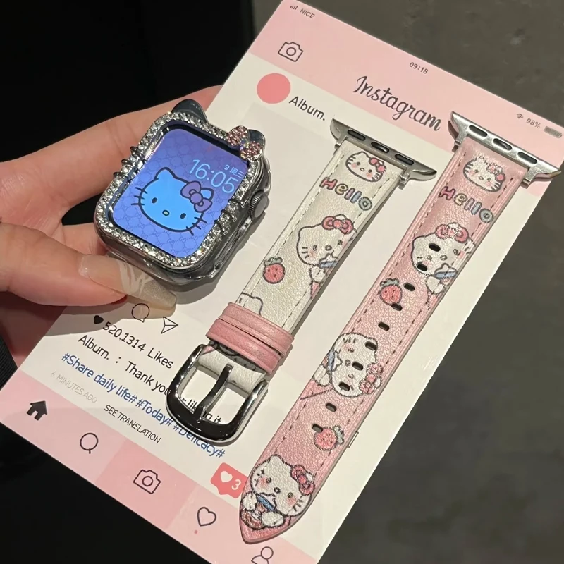 Correa Kawaii de Hello Kitty para Apple Watch, accesorios de muñeca de Anime Sanrio, color rosa y blanco para mujer