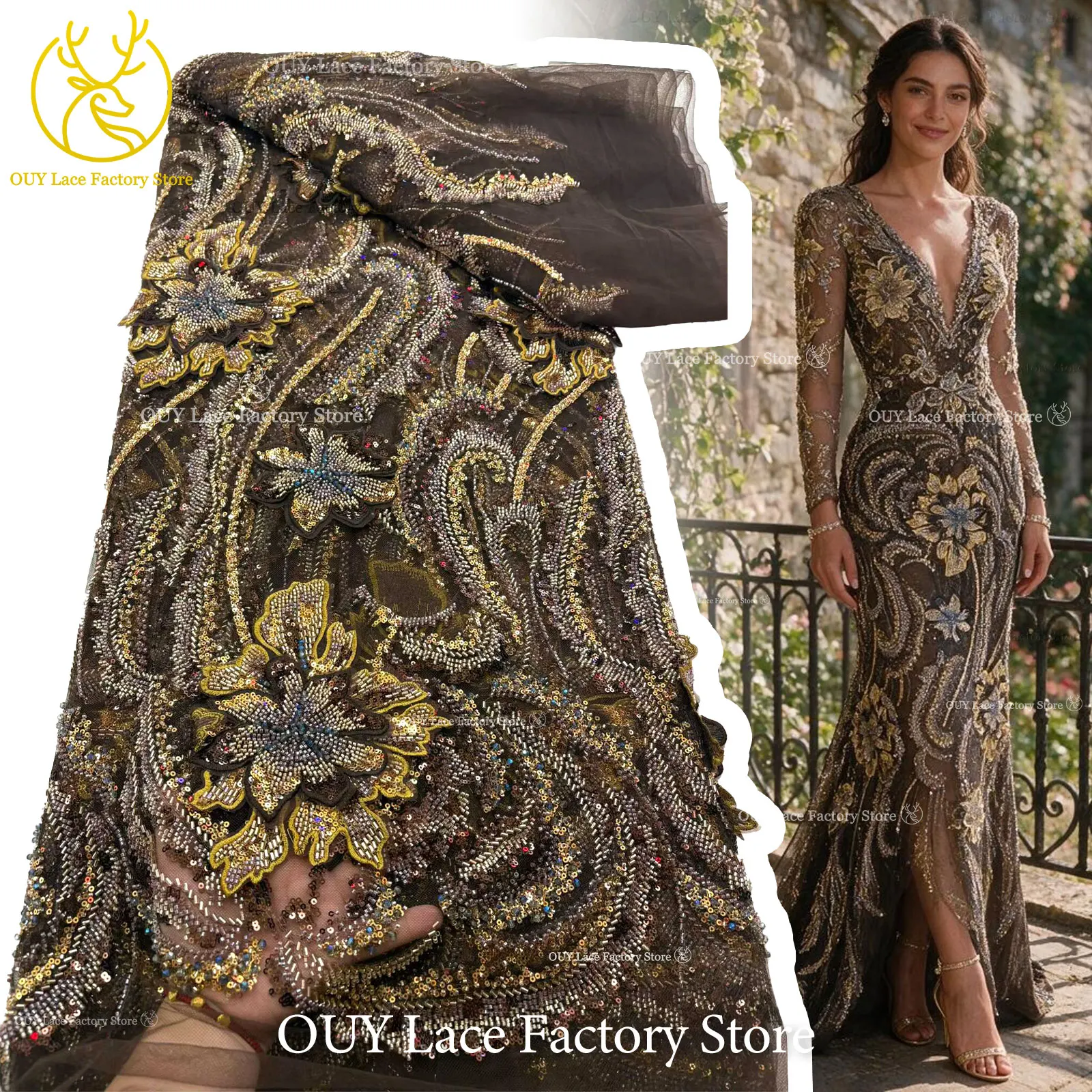 3D Embroidery Heavy Beaded Tulle Lace Fabric, Luxury African Sequin Sheer Lace for High-End Women Party Evening Gown Sewing