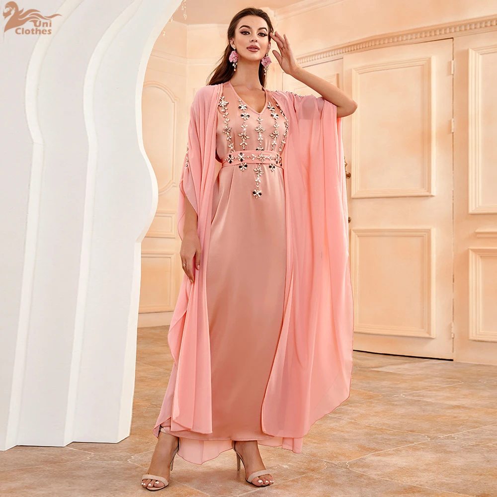 

Роскошный Дубайский кафтан, женские мусульманские комплекты, шифоновое вечернее платье со стразами, абайя, Турция, марокканский кафтан Kebaya Jalabiya