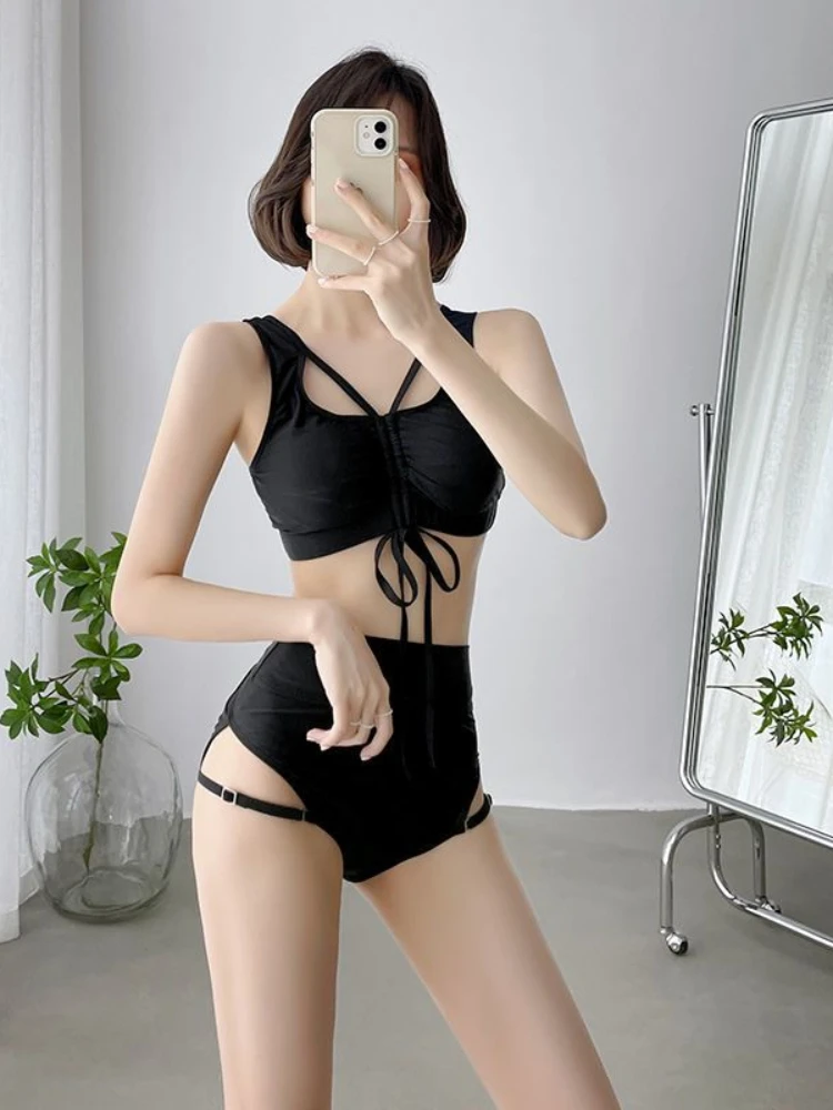 

Women's Black Two-Piece Swimsuit - Drawstring Crop Top & High Waist Bottom with Metal Buckles, Sexy Edgy Beachwear for Summer