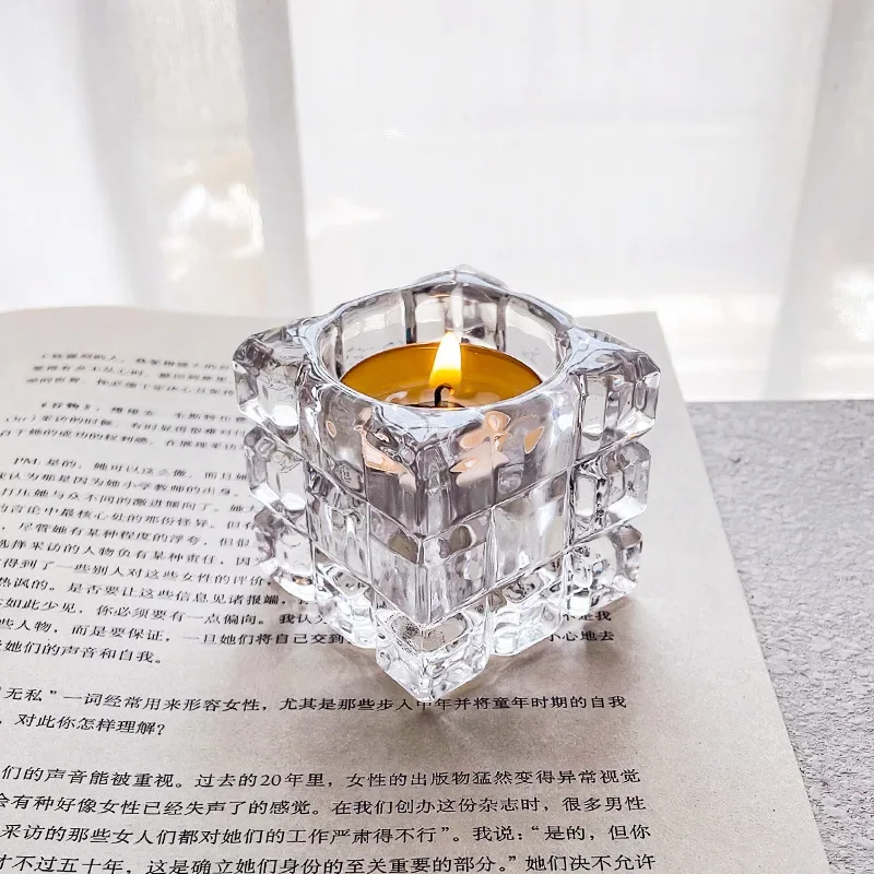 Transparent crystal glass ice cube candle holder European retro dining table decoration romantic candlelight dinner decoration