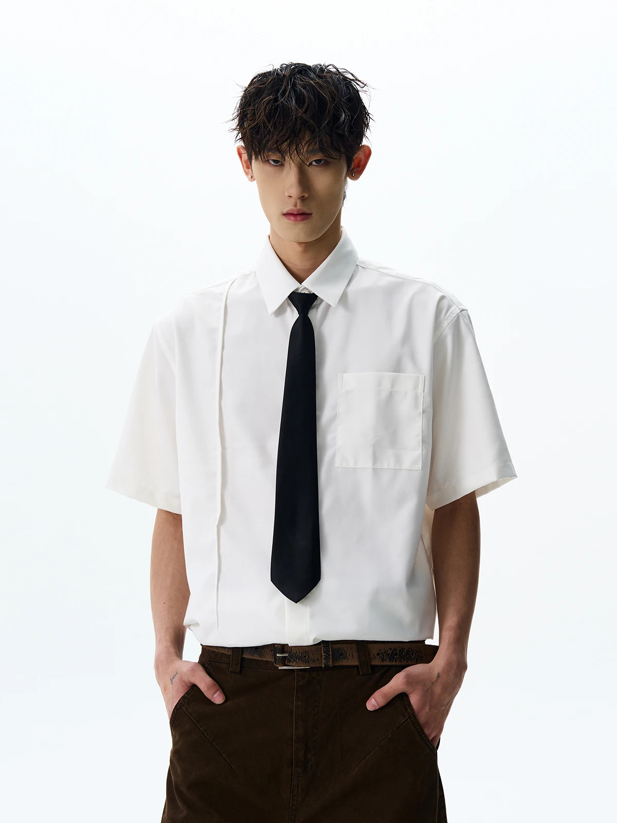 

a PUEE American Retro Cleanfit Deconstructed Short Sleeve White Shirt Unisex High End Versatile Shirt Youth Summer Wear