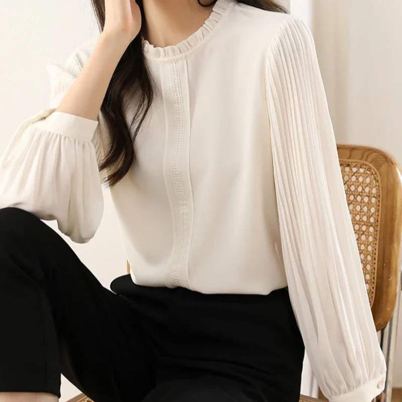 Autumn New Simple Versatile Solid Color Long Sleeved Shirt Fashionable Casual Elegant Youthful Wind White Chiffon Women\'s Top