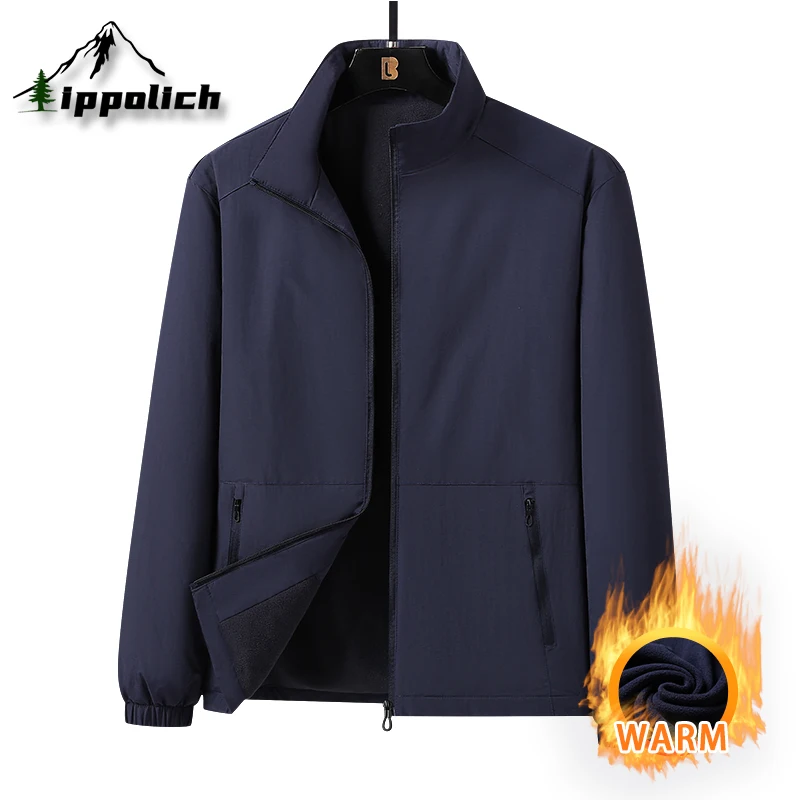 

IPPOLICH Large size Fleece Lined Casual Men's Jacket Autumn Winter Outdoor Plus Velvet Stand Collar Casual Jackets Men jacket