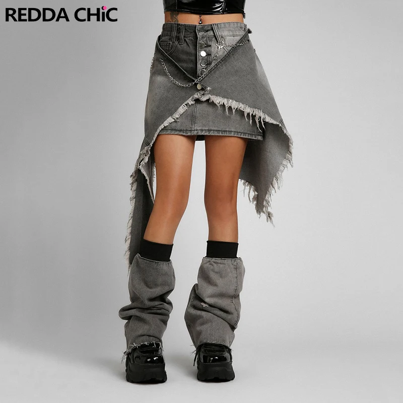 

ReddaChic Y2k Leg Warmer Mini Skirt Set Women Denim Suit Snap Detachable Cover Up Jeans Skirt Belt Chain Acubi Vintage Clothes