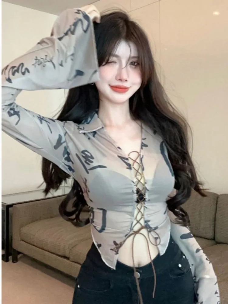 Sexy Hollow Out Chiffon Shirts Women Y2k Mesh Long Sleeve Print Tops Mujer 2025 Summer New Slim Fit Bottoming Tee Shirt