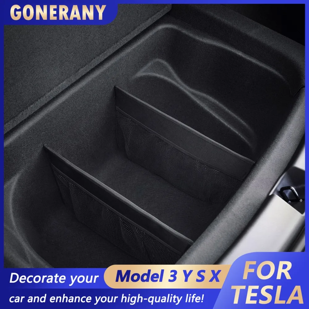 Rear Trunk Organizer For Tesla Model Y, Model 3 – Trunk(rear) Organizer Storage with Mesh Pocket and Dividers (set of 2) 