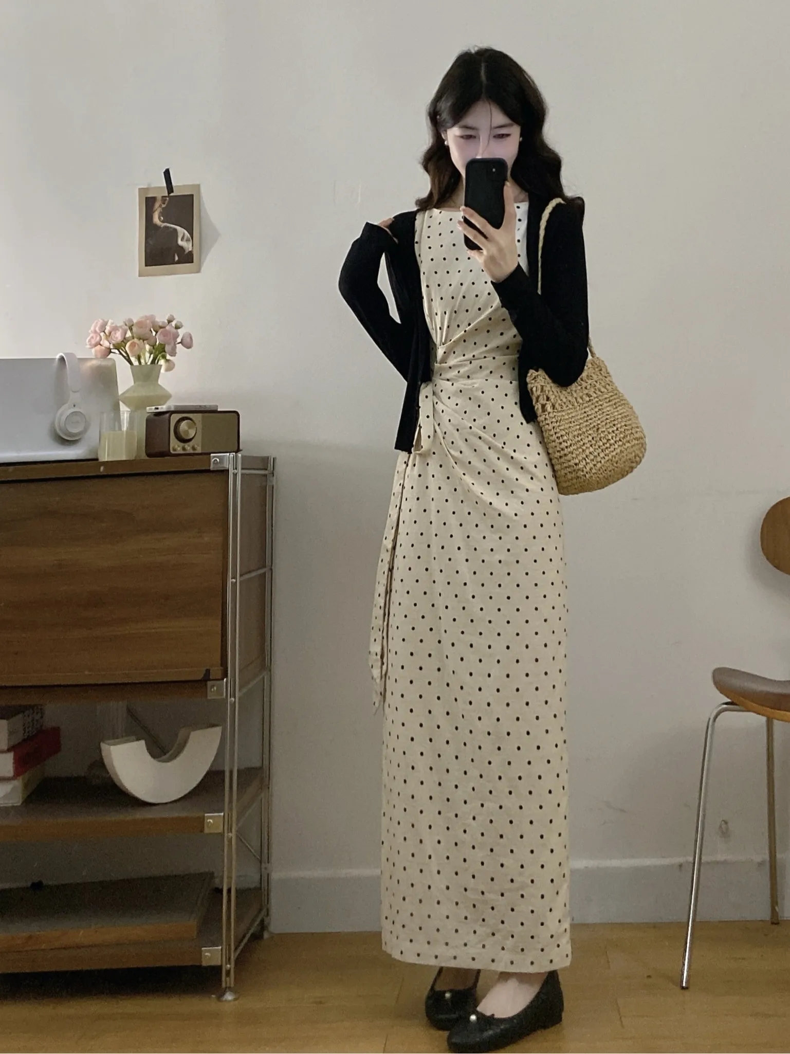 

plus Size Summer Outfit Long Sleeve Cardigan Dress Polka Dot Print High Waist A-Line Skirt Two-Piece Set Korean Style Commute