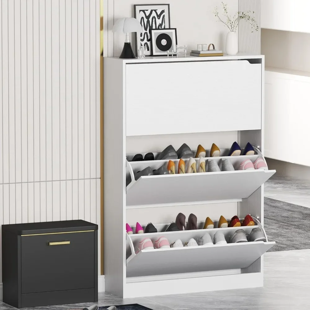 Shoe Cabinet Storage for Entryway, Shoe Cabinet Storage with 3 Flip Drawers, Shoe Cabinet for Entryway Slim Space, 3 Tier White