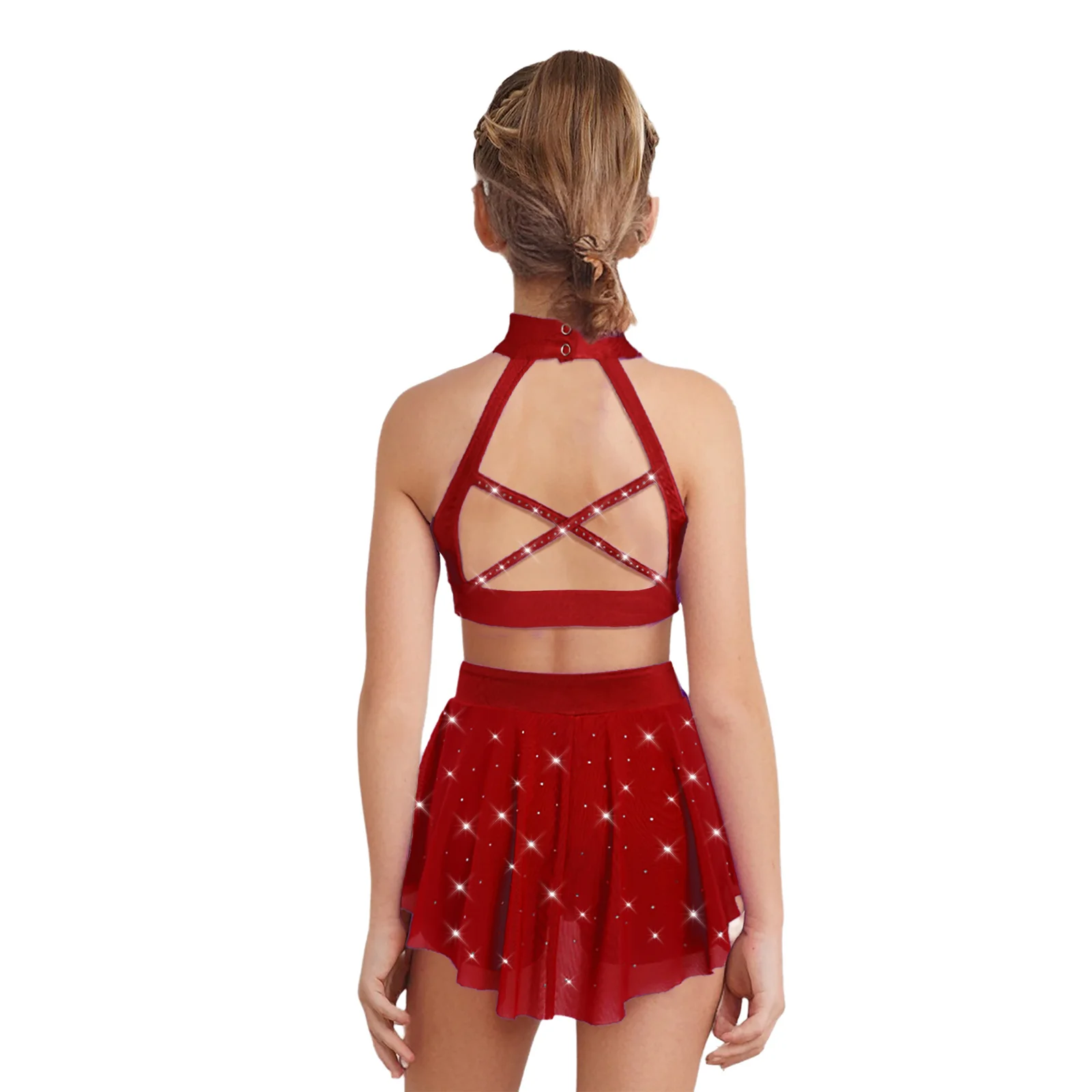 Tenues de danse en maille transparente pour enfants filles, haut court dos nu avec strass scintillants et jupe à ceinture élastique sur le devant en V