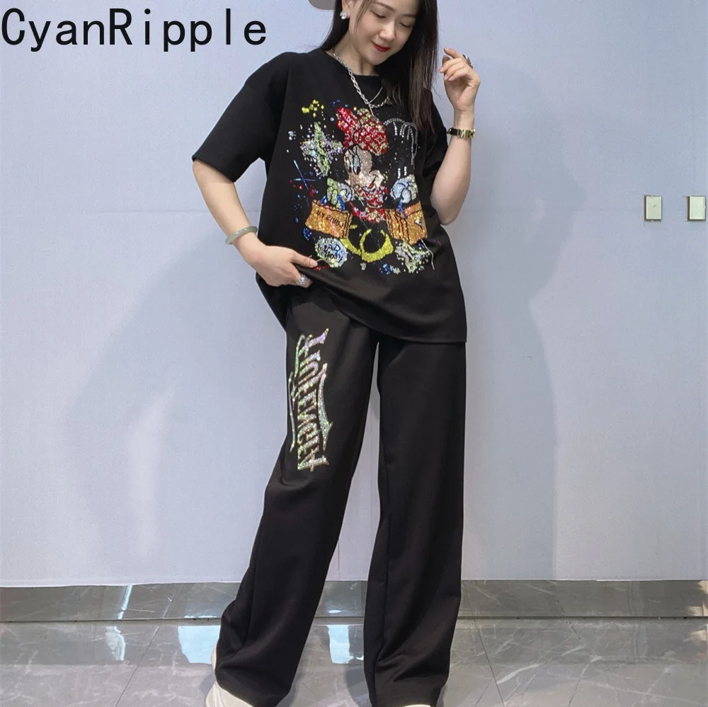 

Fashionable Summer Women Sets Cute Mickey Hot Diamonds Loose Short Sleeve T-shirt Top + Elastic Waist Casual Straight Trousers