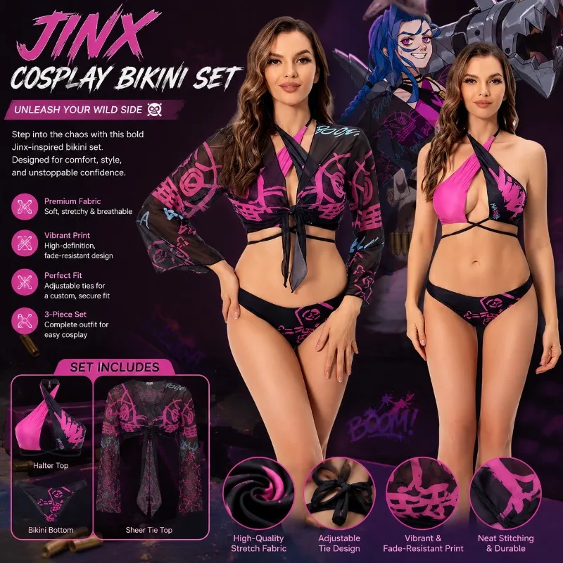 Maillot de bain cosplay Arcane Jinx pour femme, ensemble bikini sexy anime, tenue de bain pour Halloween