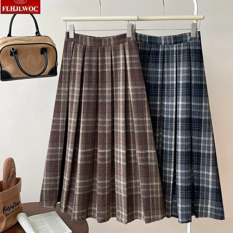 التنانير الصوفية موضة جديدة 2025 أساسيات الخريف الشتاء امرأة لطيف الفتيات الحلو اليابان نمط Preppy ريترو خمر تنورة طويلة منقوشة