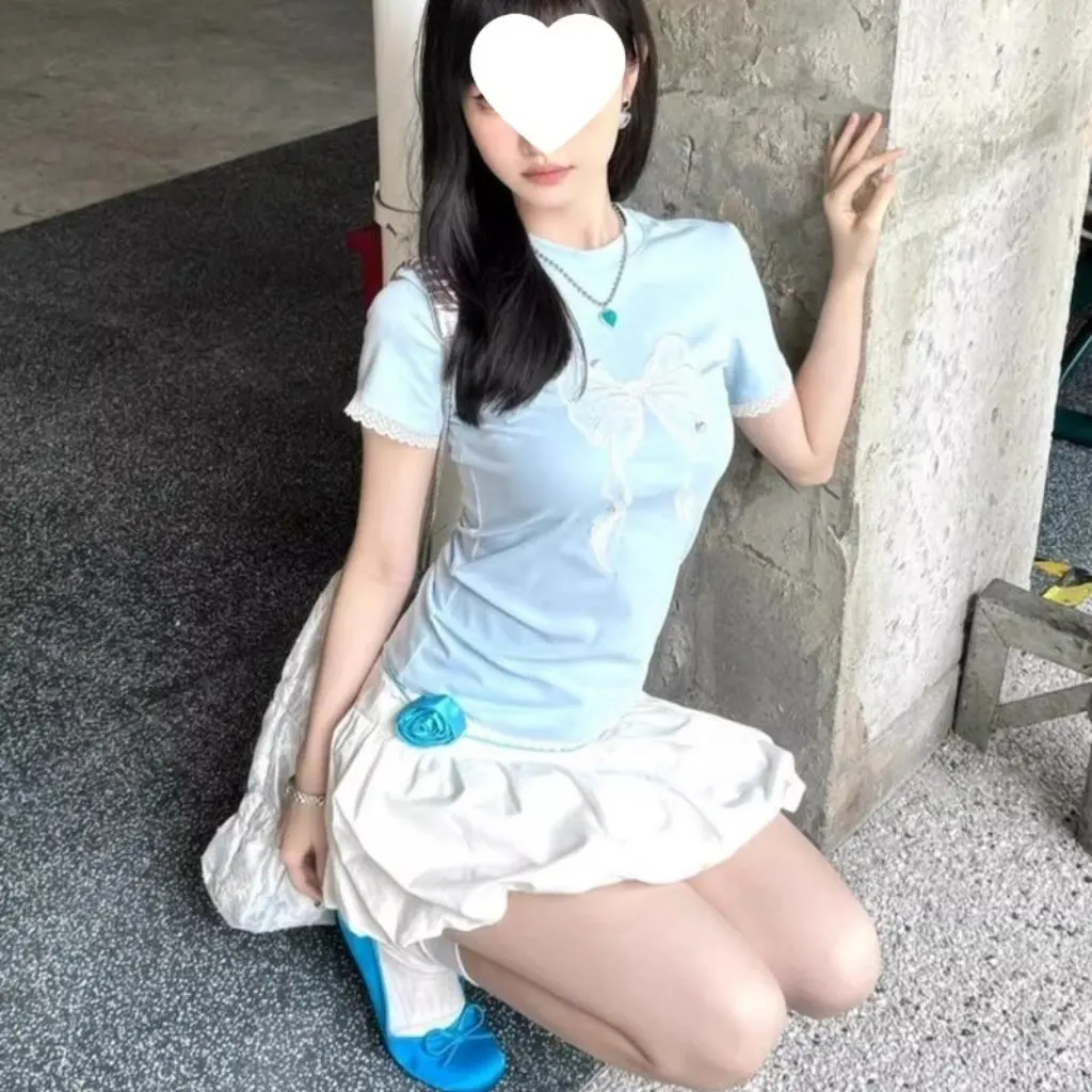 

Pure Cotton Short-Sleeved T-shirt 210g 40 Count 1x1 Bow Lace Pearl Embellished Slim Fit Blue Women's Fashion Top