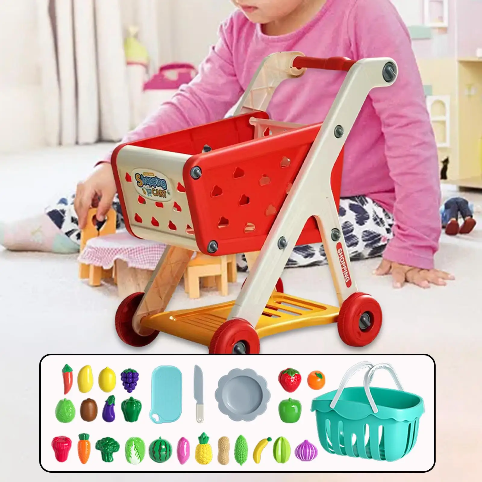 Kids Shopping Cart Trolley Set Realistic Kitchen Accessories Mini Shopping Cart Toy Valentines Gifts for Kids Simulation