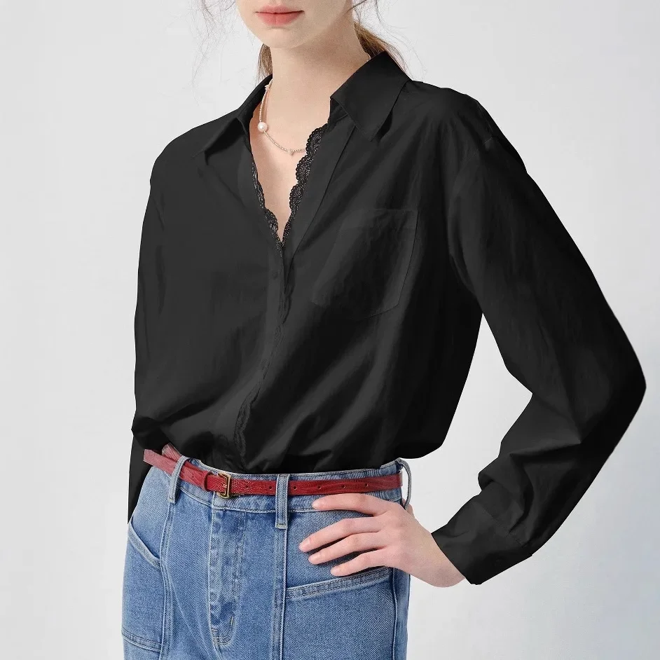 

White Lace Trim Loose Shirt Women Long Sleeve V-Neck Spring New Design Sensation Button up Casual Top