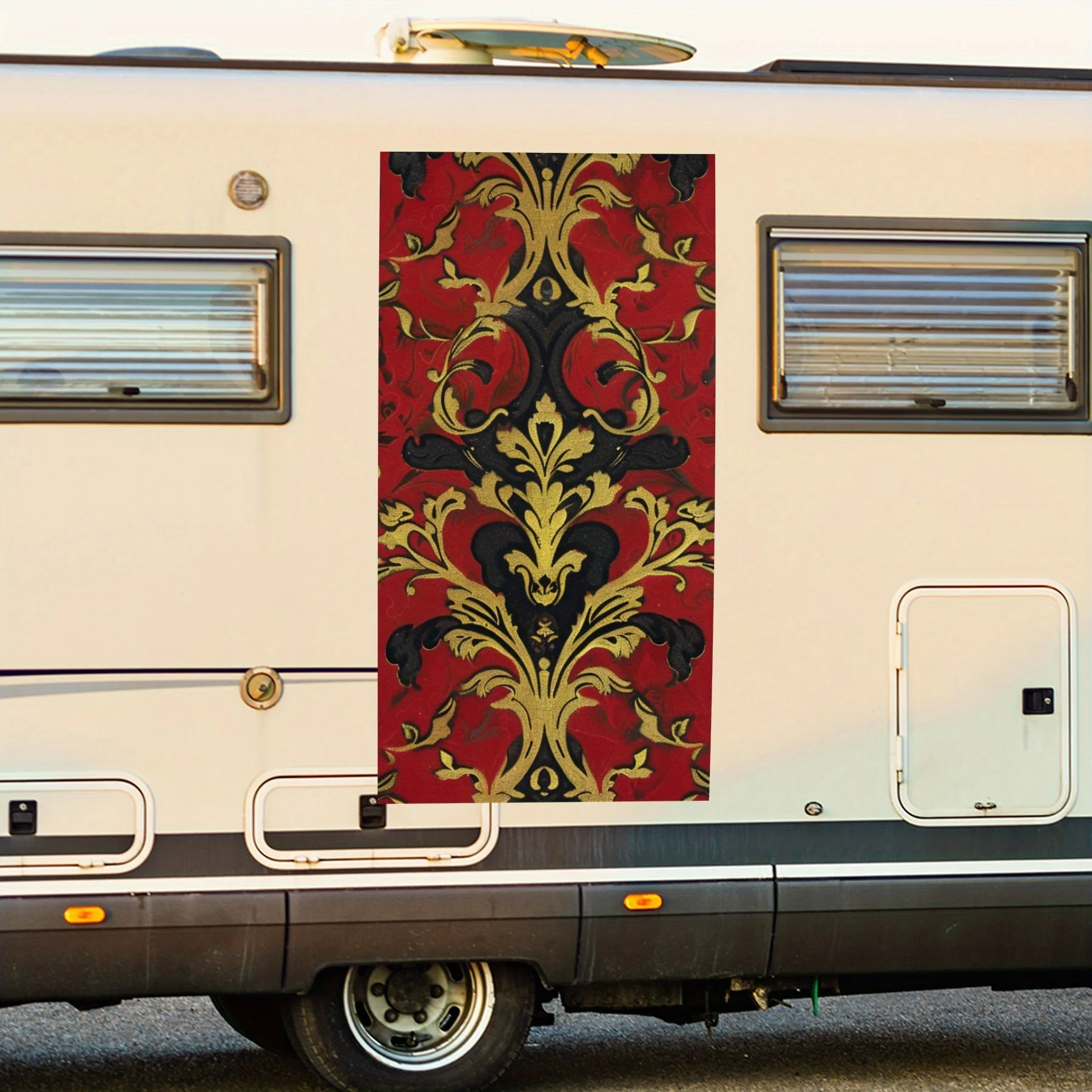 

Red Gold Pattern Elegance Motorhome Car Door Sticker PVC Self Waterproof Stick, Striking Auto Exterior Accessories Decor Protect