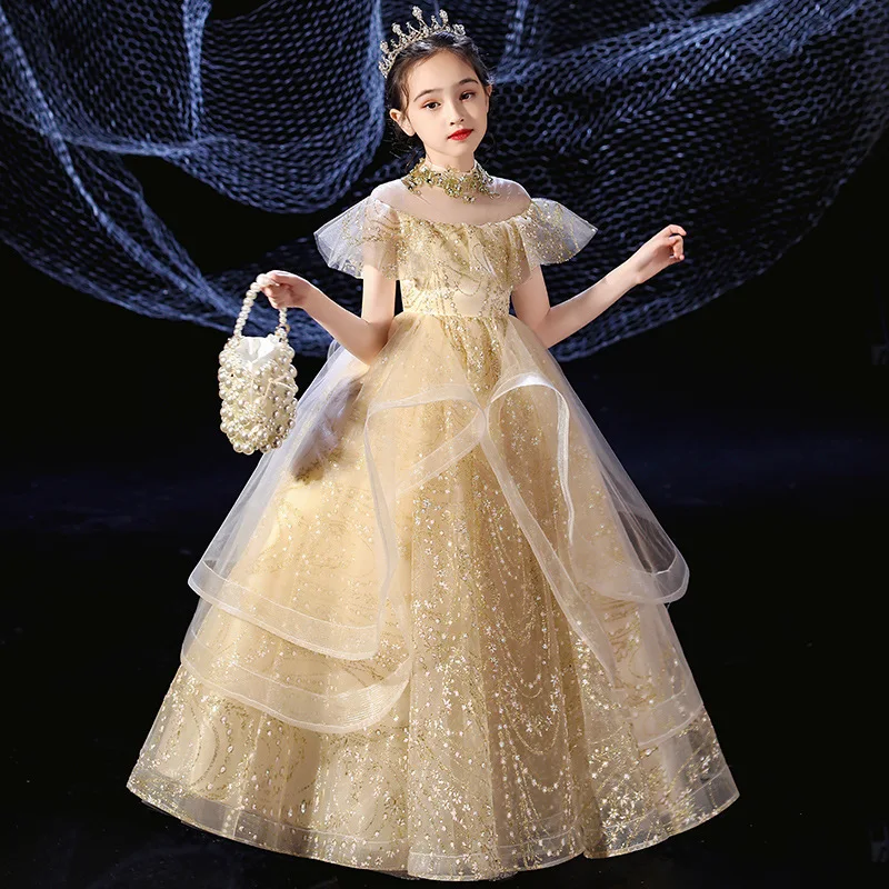 

Champagne Children Pageant ball gown Girls Dress printing Lace Fluffy yarn Baby Princess dress Flower girl wedding Party dress