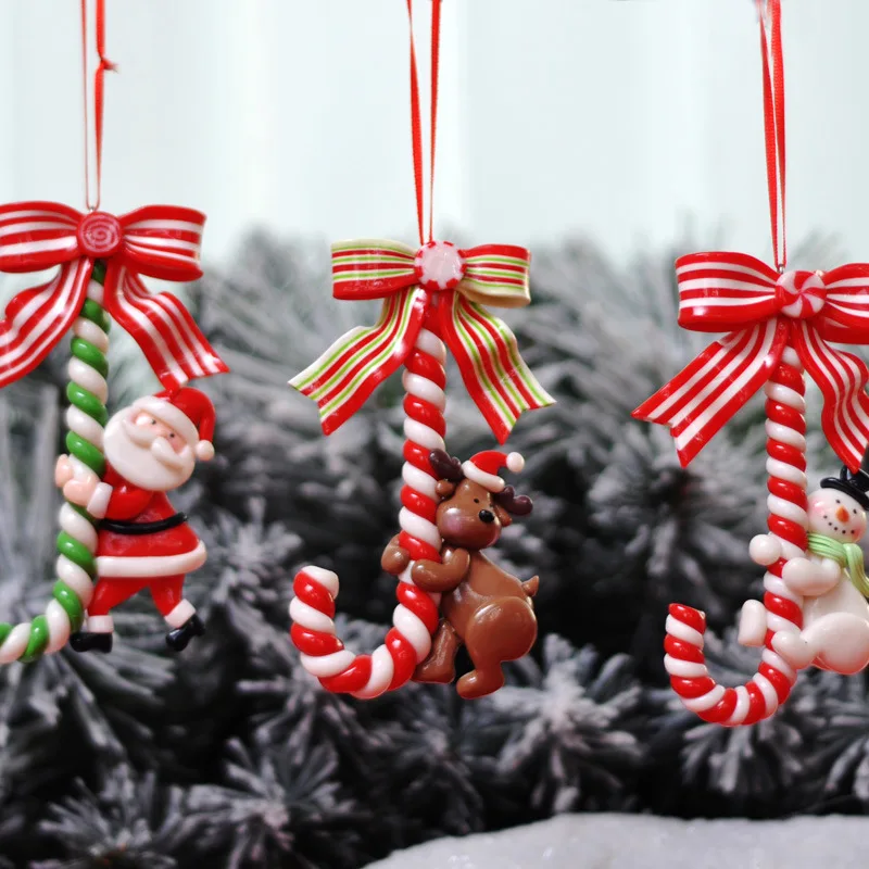 

3pcs Christmas Lollipop Soft Clay Red White Candy Cane Christmas Tree Ornament Elk Santa Claus Christmas Tree Hanging Ornament