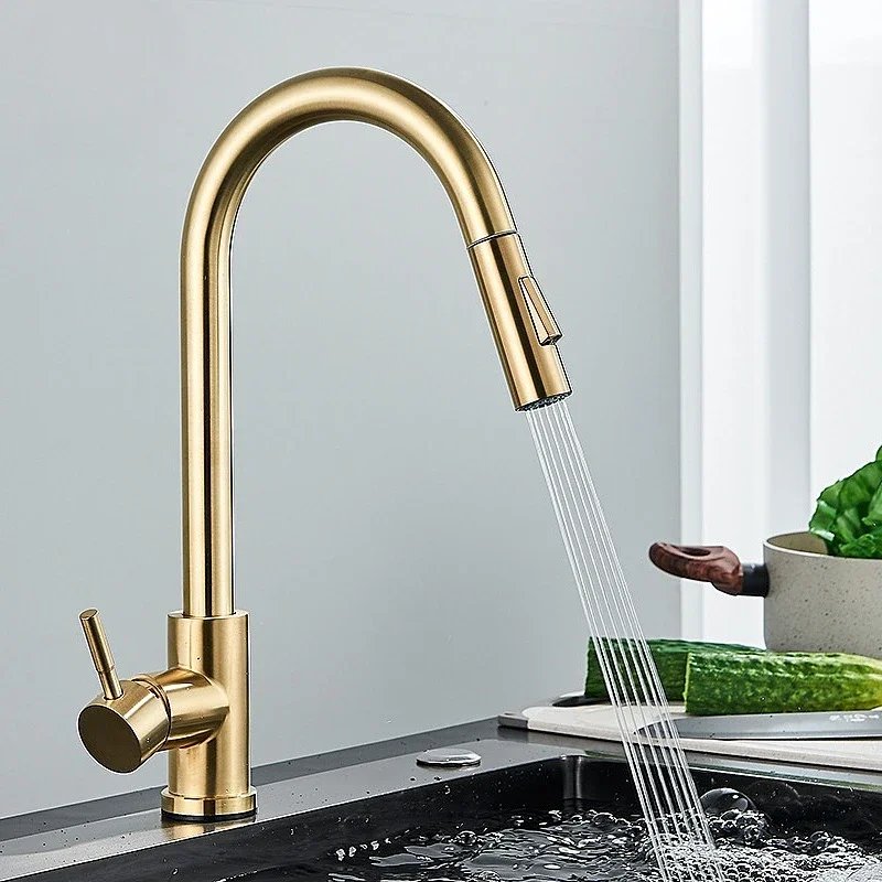 Kitchen Faucet Pull Out  Hot and Cold Water Taps Brushed Gold Faucet Two Function Single Handle 304 Stainless Steel Mixer Tap