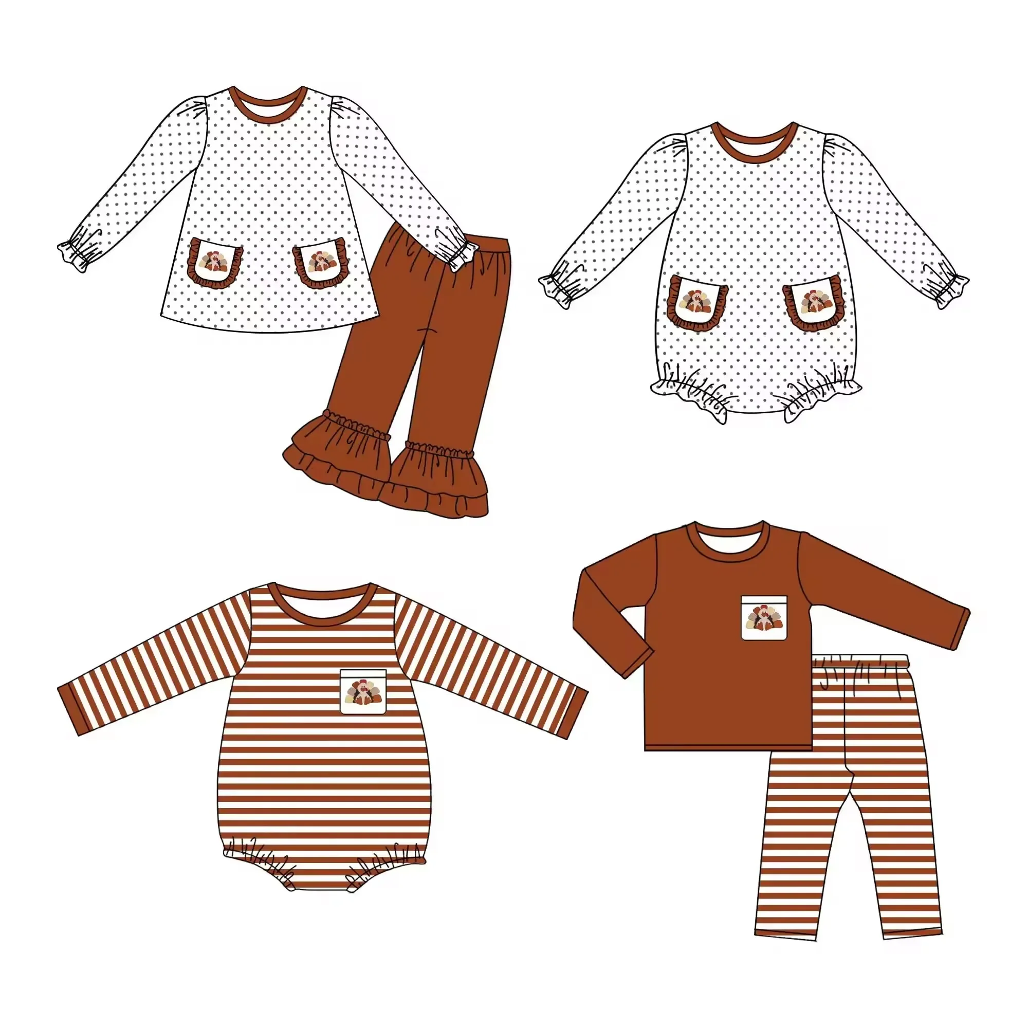 Thanksgiving Clothing Toddler Boutique Four-piece Wholesale Brown Clothing Long Sleeve Pants Suit Toddler Jumpsuit Striped Spot