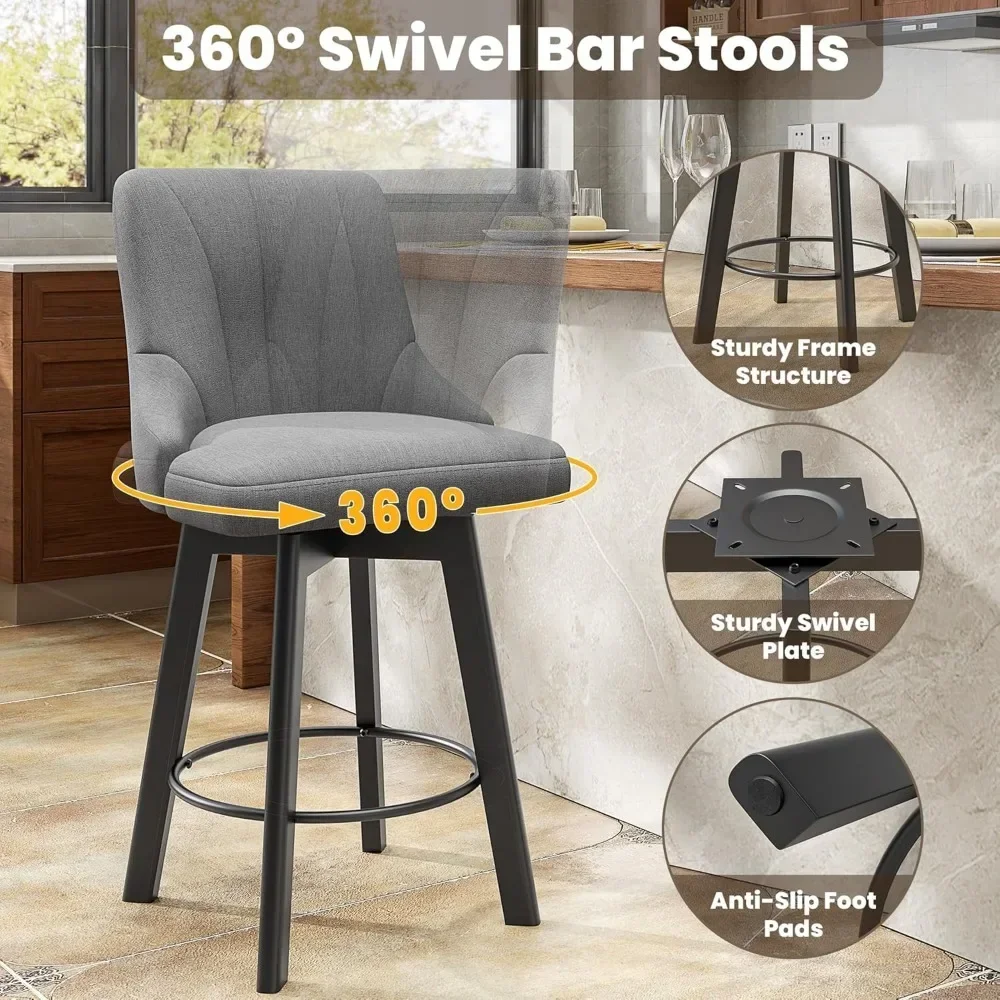 Swivel Bar Stools with Backs, 24" Counter Height Bar Stools Set of 2, Fabric Upholstered Counter Bar Stools with Solid Wood Legs