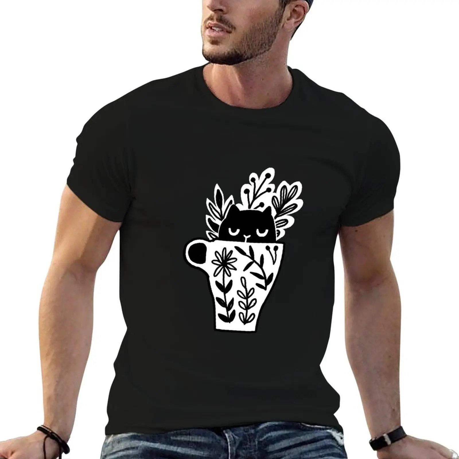 Black cat, tea mug, flower cup, coffee art. T-Shirt Durable Work Wear T-Shirt