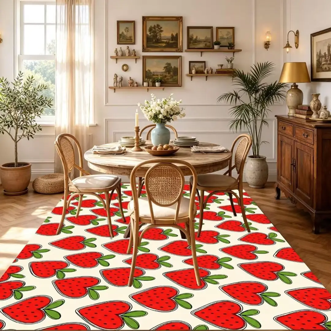 10x12 Extra Large Red Strawberry Cartoon Area Rug Soft Non Slip Washable Carpet for Apartment Coffee Table Living Room Home Deco