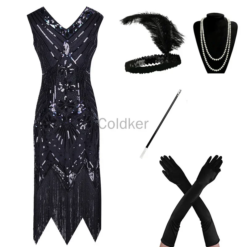 Plus Size Women 1920s Art Deco Great Gatsby Sequin Fringe Flapper Dress Tassels Costume Accessories Set Robe Charleston Vestidos