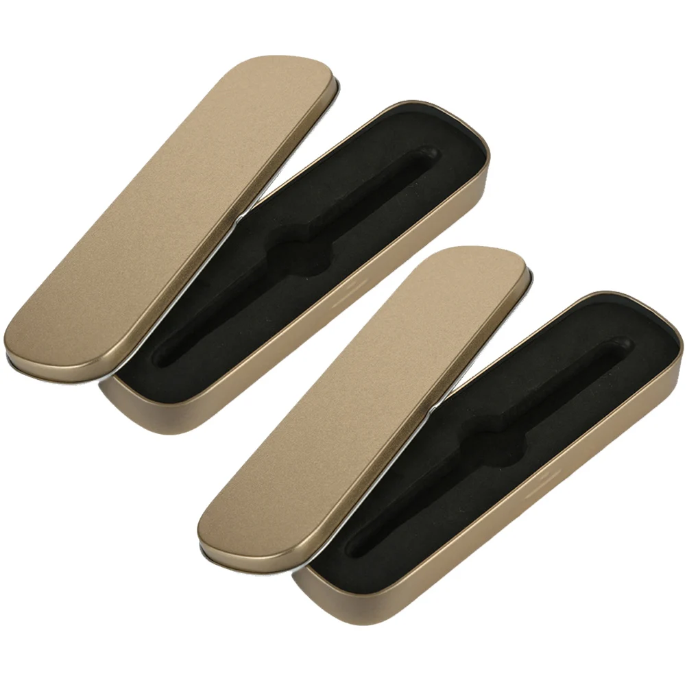

2pcs Pen Storage Tinplate Case Durable Practical Gift Golden Sponge Filled Safe Stationery Box Student Multi-functional