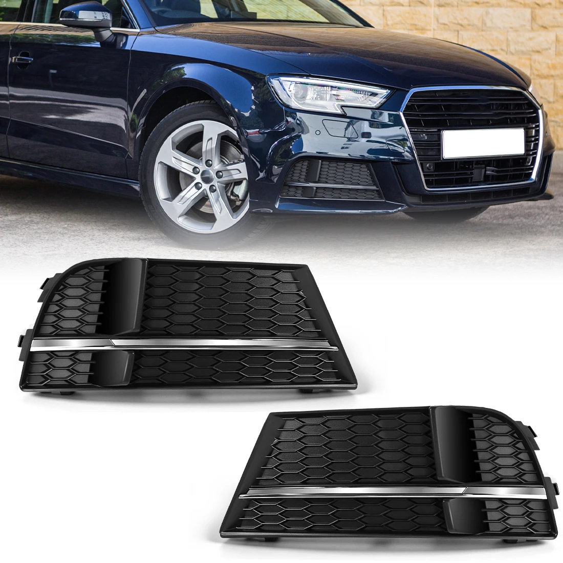 

Car Front Bumper Light Cover For Audi A3 S3 2017 2018 2019 2020 Fog Lamp Racing Grille Honeycomb Frame 8V3807681AB 8V3807682N
