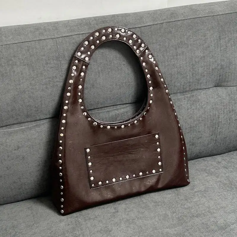 2024 New Retro Rivet Decorative Shoulder Bag Trendy European And American Motorcycle Oil Wax Leather Underarm Handbag For Women