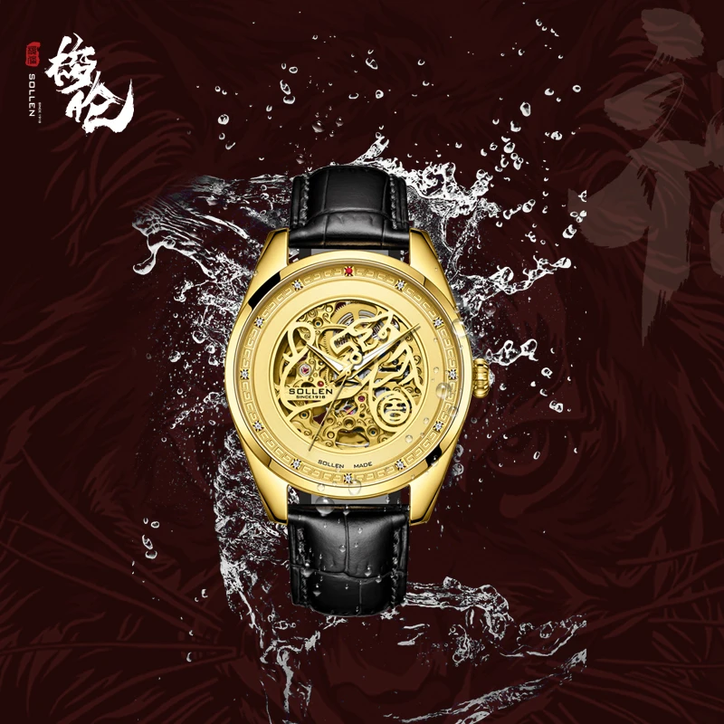 Luxury Brand SOLLEN Automatic Mechanical Sapphire Men's Watches Luminous Waterproof Diamond Skeleton Tiger Carving Clocks SL612