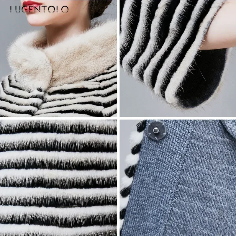 Women Faux Mink Fur Elegant Coat Stripe Stand Collar Autumn Winter Lady Loose New Fahsion 2024 Simple Street Cloth