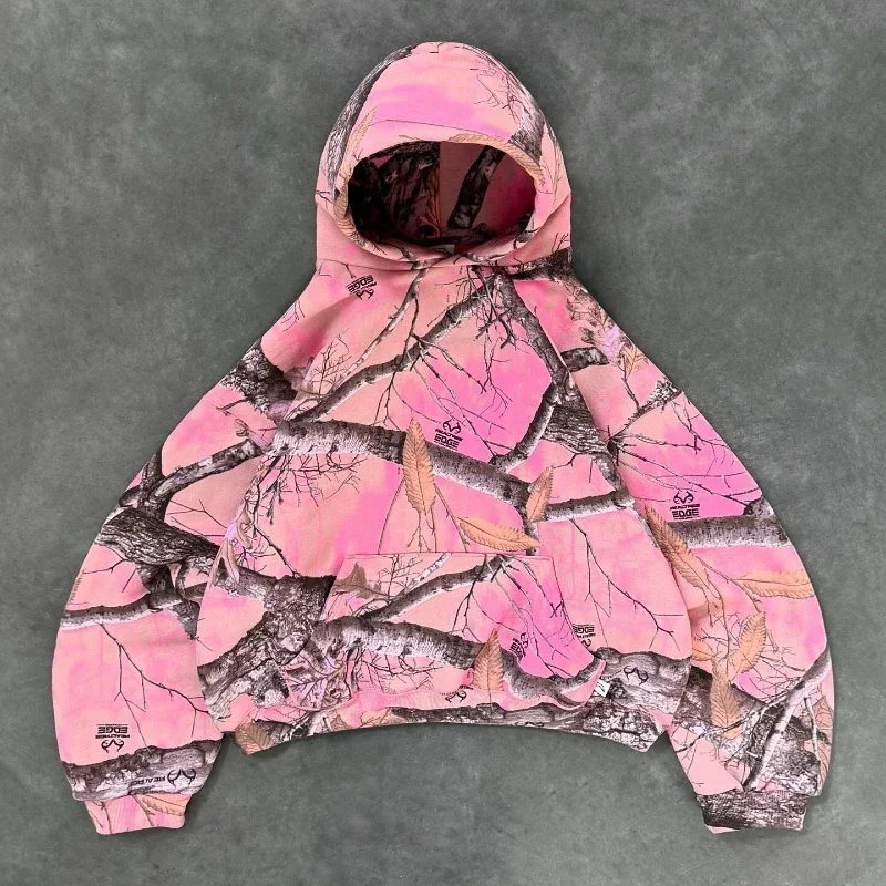 Y2K Retro Zip Up Hoodie Pink Branch Camo Print Pattern Sweatshirt Streetwear Harajuku Trendy Casual Camouflage Unisex Boxy Coat