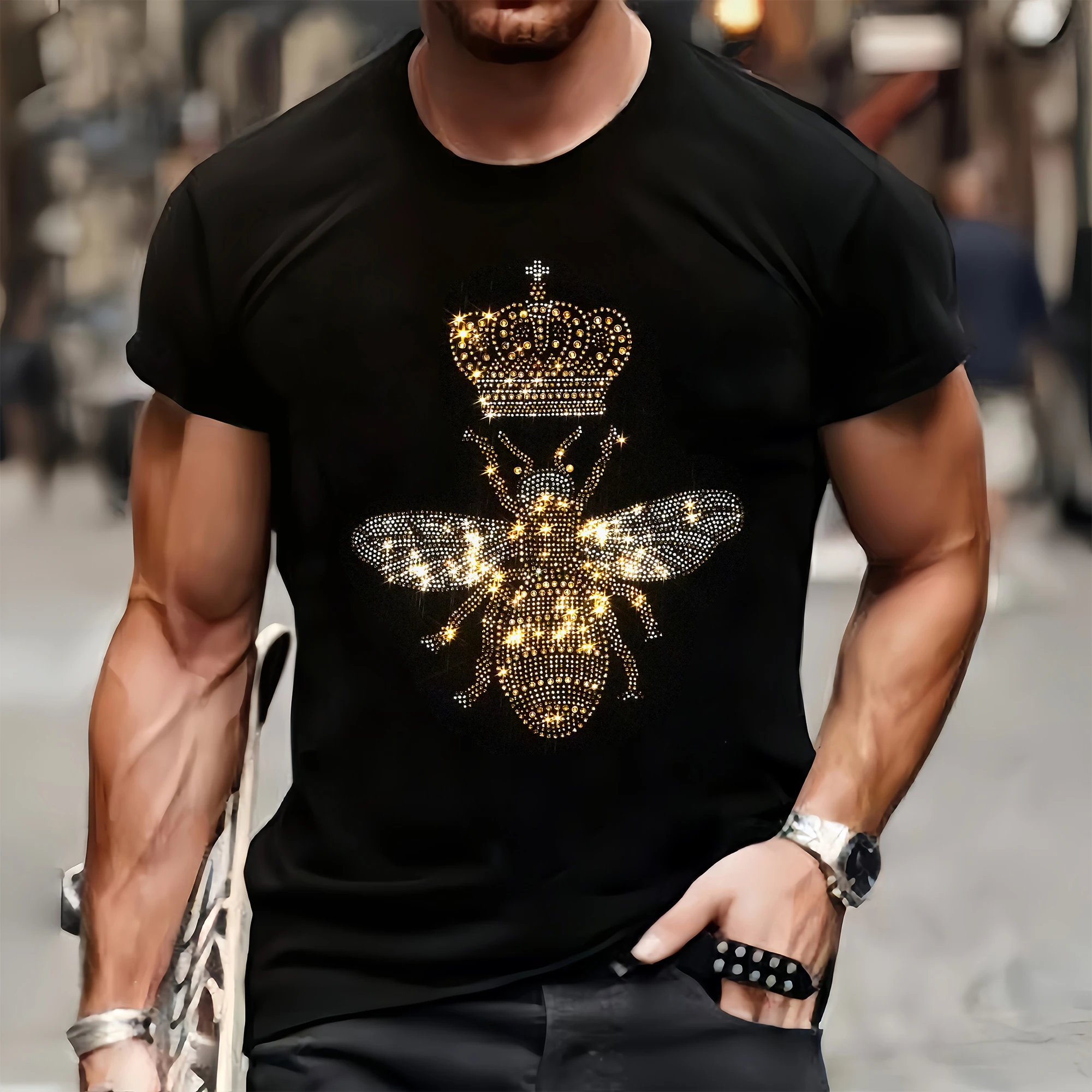 New Luxury Mens Quality T-Shirts Autumn Casual Street Short Sleeve Clothing Tee Tops O-Neck Bee Rhinestone Breathable Tshirt Y2k