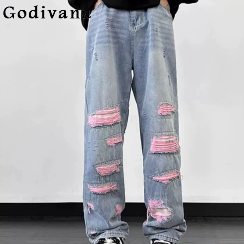 Spring New Men American Pink Fake Ripped High Street Blue Jeans Fashion Versatile Handsome Personality Leisure Wide-leg Pants