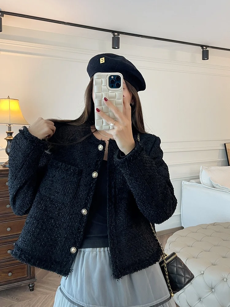 

Zhang ei 2024 Spring New Zurich ternoon Tea round Ne Fce Bla Small Fraance Sle Jaet Women's Faion Coat