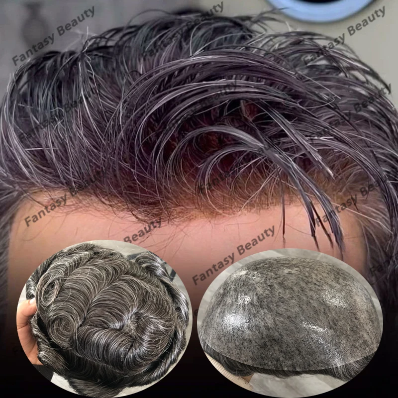 Peluca de cabello Natural para hombre, peluquín con Base de PU fuerte, sistema capilar, fácil de usar, color gris, 120de densidad, 1B40, 1B65