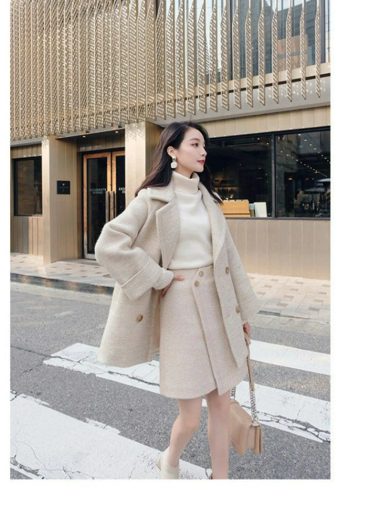 UNXX Winter Women 2 Piece Set Female Woollen Tweed Double Button Blazer+Irregular Split Pencil Skirt Suits High Street Harajuku