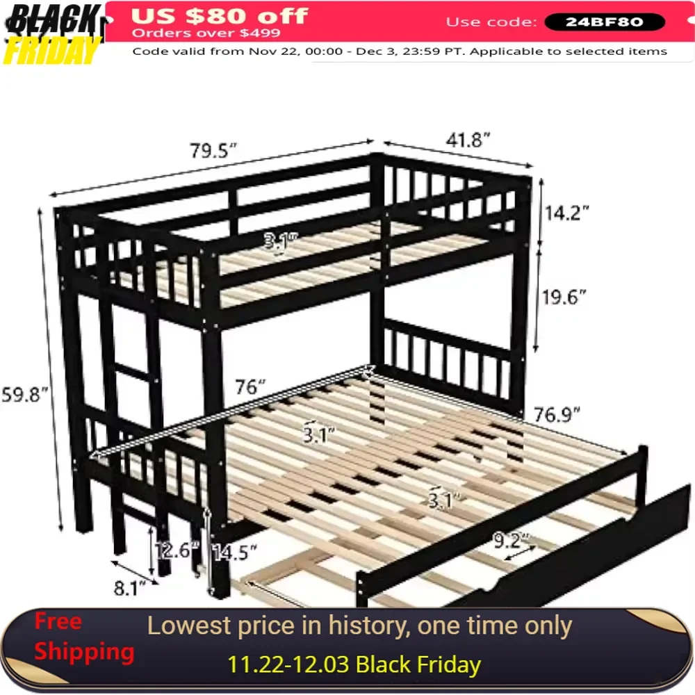 Bunk Beds Twin Over Twin/King with Trundle, Twin Over Pull-Out Bunk Bed, Extendable Bunk Beds Bed Bases & Frames