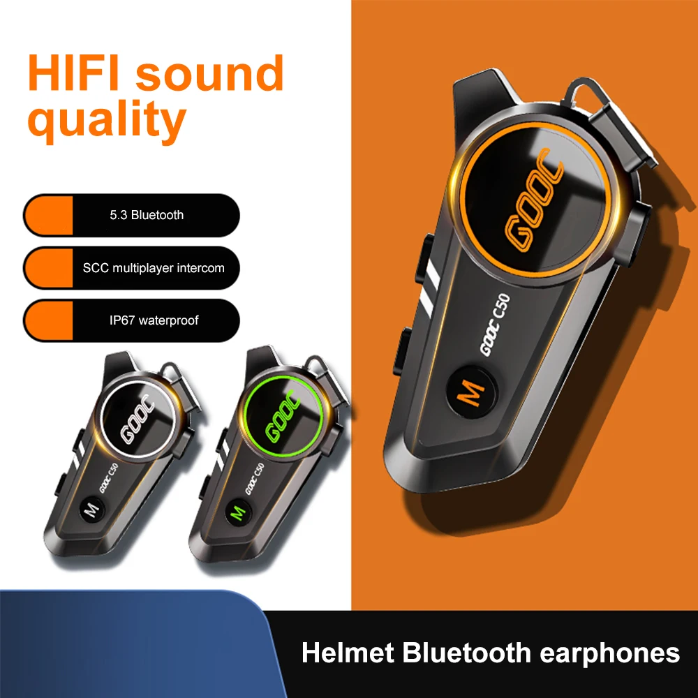 C50 Motorhelm Headset Bluetooth 5.3 Tri-Kleurrijke Verlichting Oortelefoon 300M Intercom Waterdichte Aansluiting 2 Telefoons Dezelfde Tijd