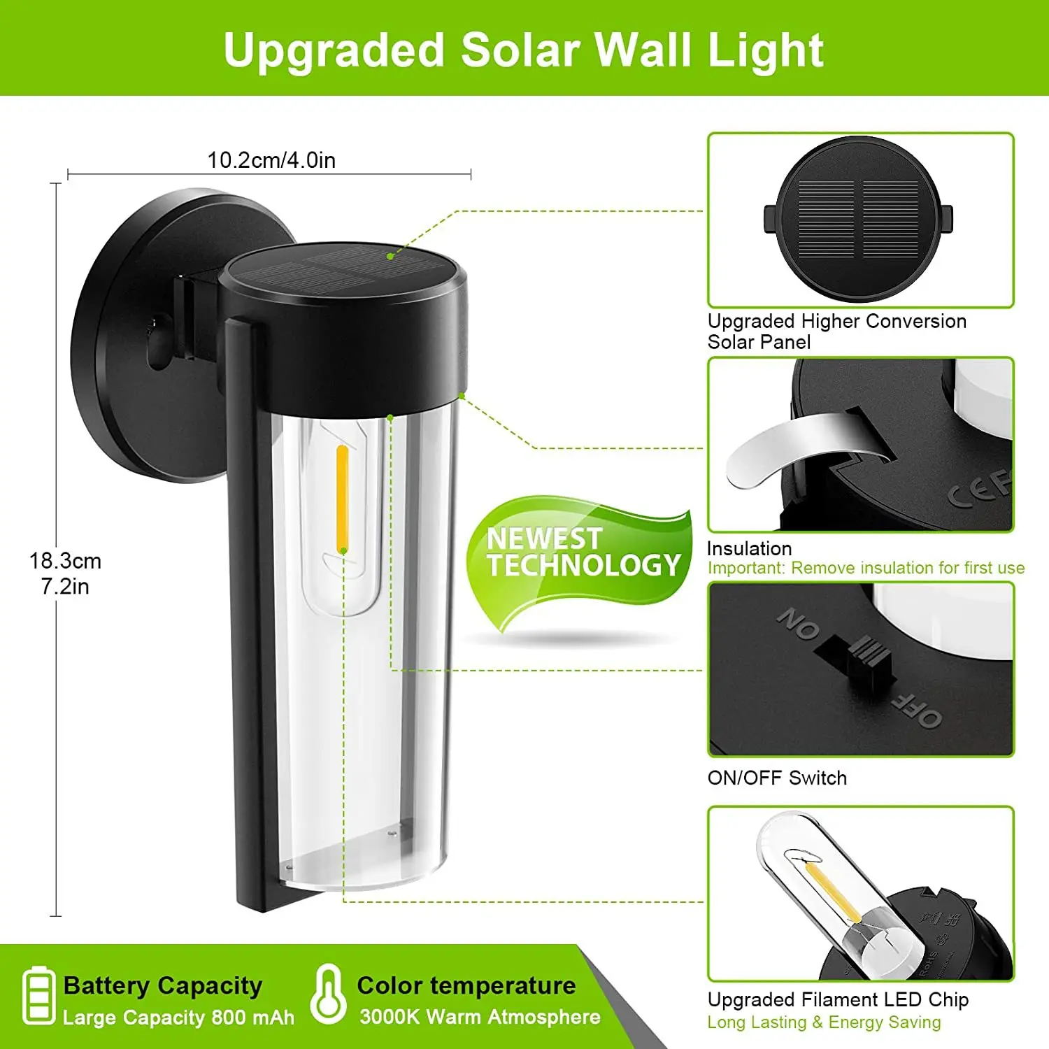 Imagem -03 - Led Solar Powered Wall Mount Light Auto on Off Decoração de Jardim Impermeável Yard Post Luz ao ar Livre Luz da Varanda