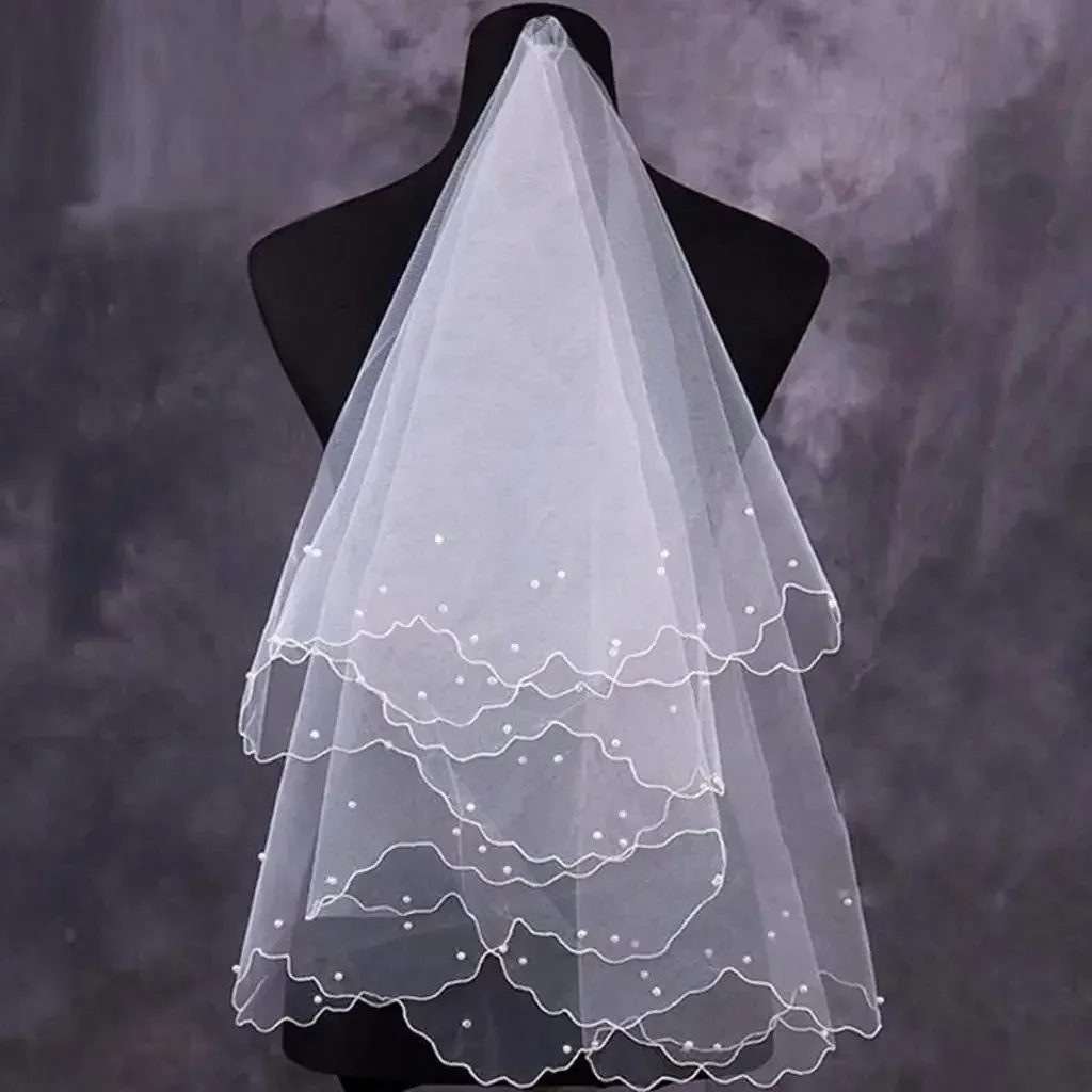 Bridal Veil Pearl Wedding Dress Veil Layers Tulle Ribbon Edge Bridal Veils Women Accessories