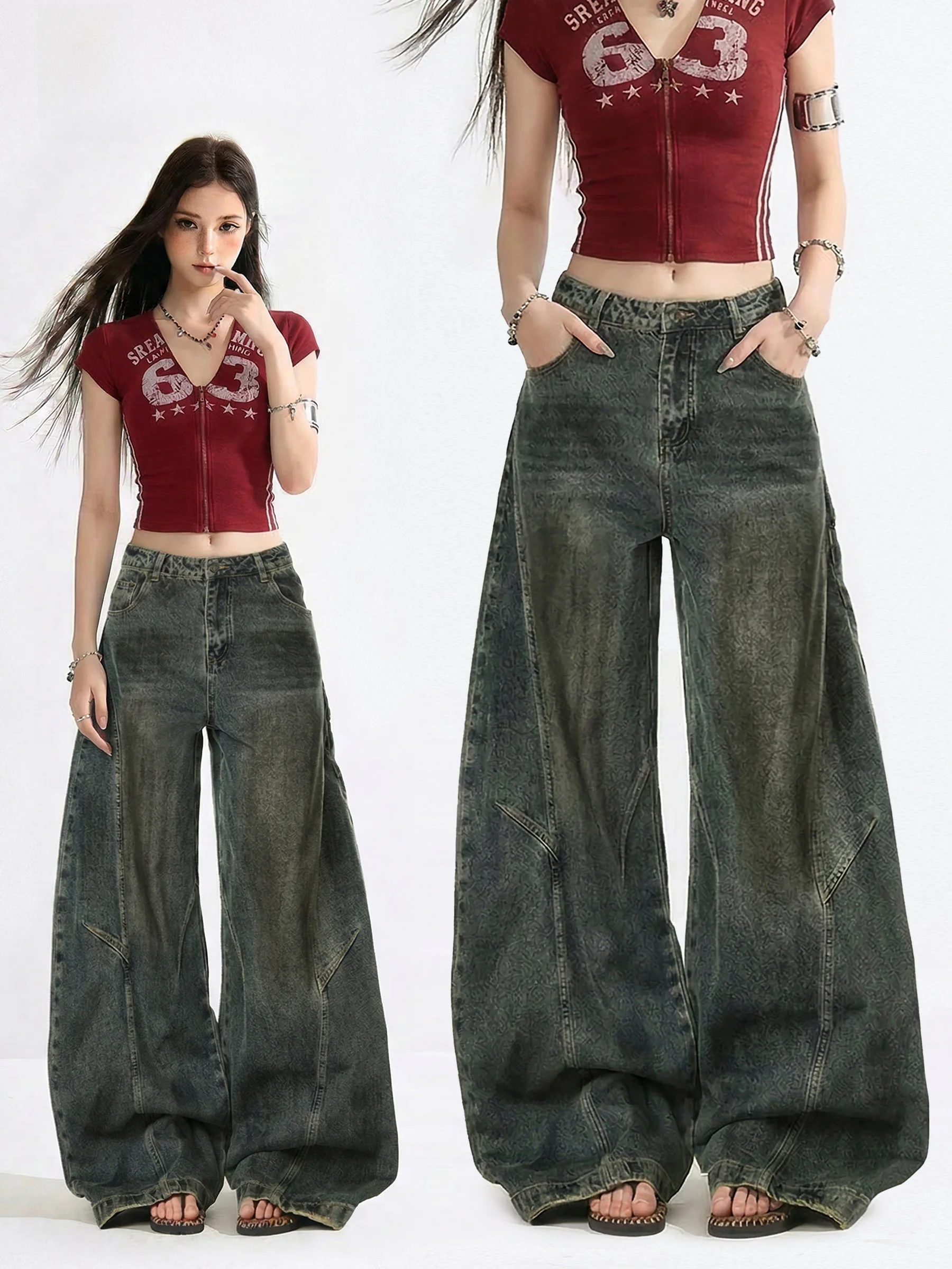 

Low Waist Wide Leg Jeans American Style Knife Washed out Denim Spring Season Trendy Women's Casual Pants Straight Cut