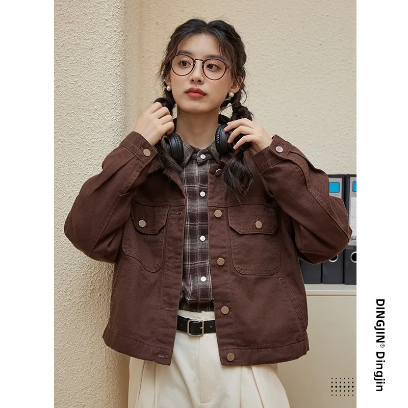 

tipo Brown Denim Jaet Женский весенне-осенний свободный повседневный американский ретро ort Размер Одинаковый топ для поездок на работу Хлопок Длинный S...