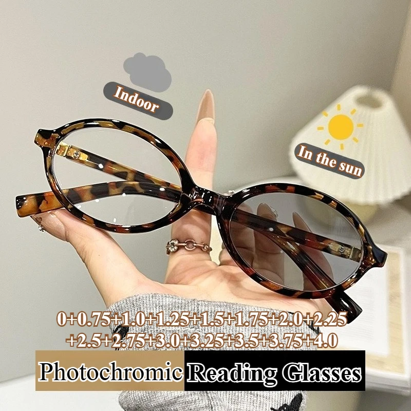 

Retro Oval Frame Photochromic Reading Glasses Women Plus Diopter Eyewear Fashion Anti-blue Light Prescription Sun Shades Glasses