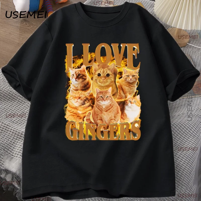 أنا أحب الزنجبيل تي شيرت مضحك البرتقال القط المحملة ريترو Y2K للجنسين تي شيرت عادية القطن قصير الأكمام الجولة الرقبة التي شيرت الشارع الشهير
