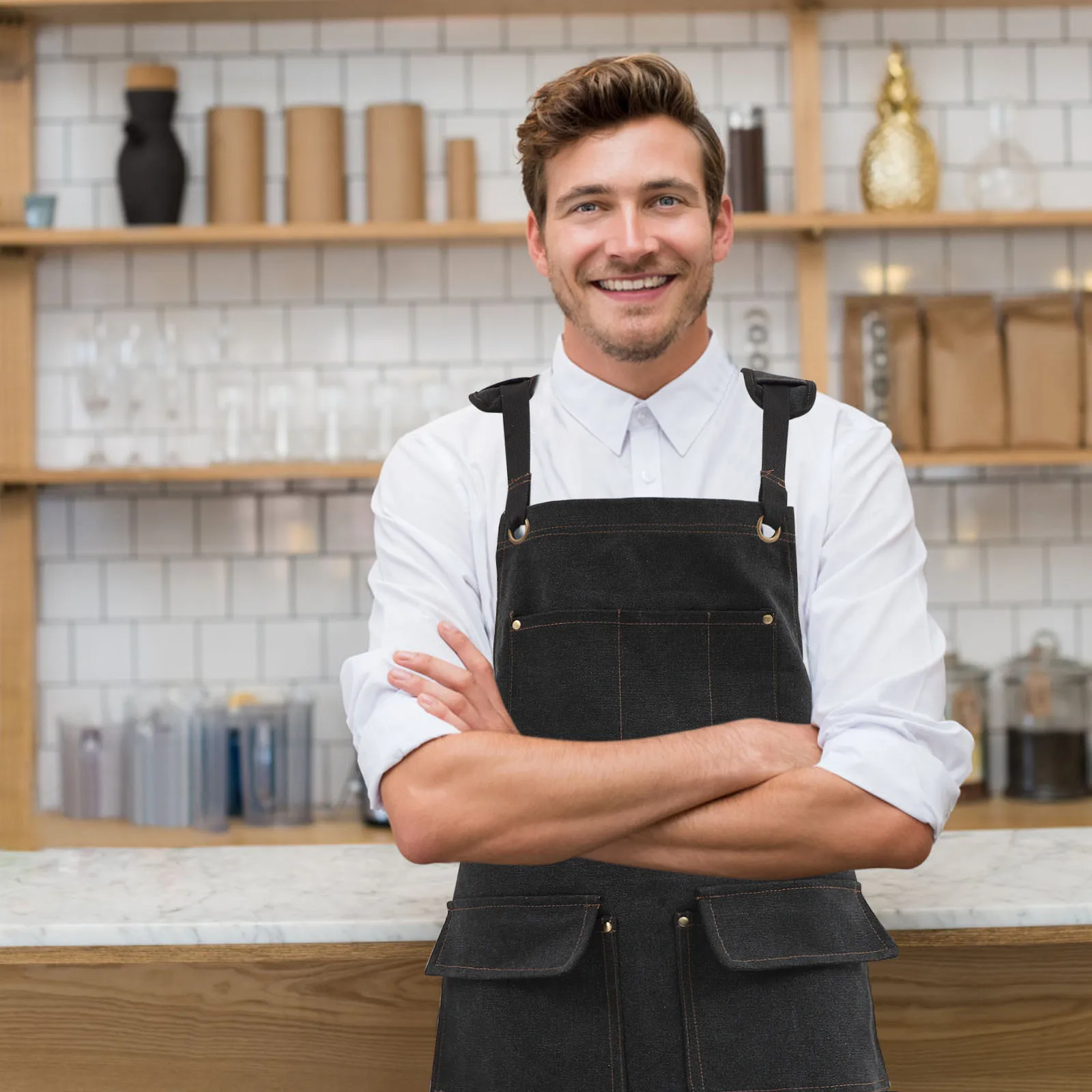 

Canvas Apron Thickened Washable Cross Back Adjustable Salon Hair Stylist Chef Kitchen Waiter with Tool Pockets