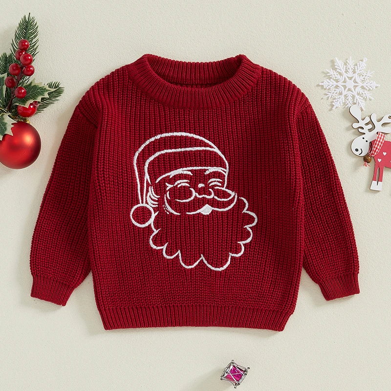 0-3Y Toddler Boy Girl Christmas maglione Santa Head Print Pattern ricamo manica lunga girocollo Chunky maglieria pullover